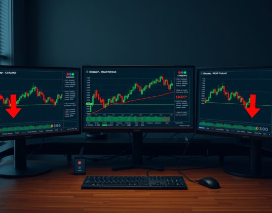 Cryptocurrency trading screens showing Uniswap uptrend and Cardano and NEAR resistance levels