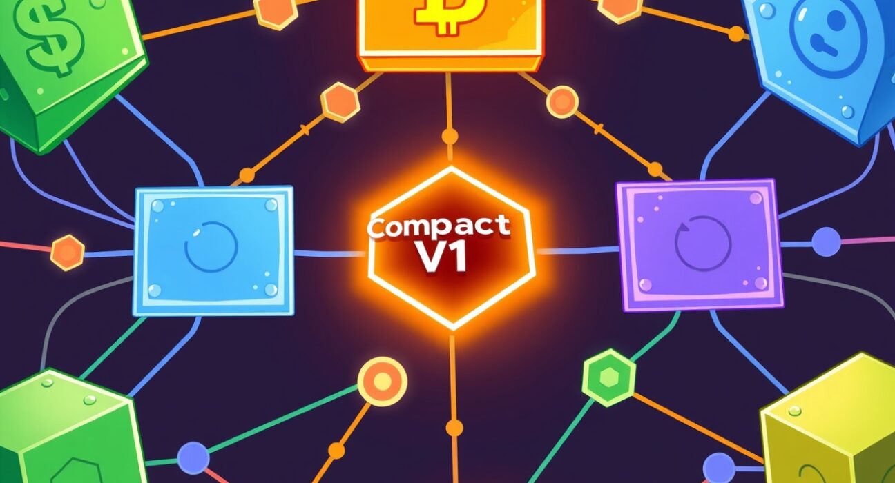 Cartoon showing Uniswap Compact V1 securely connecting diverse blockchains, improving cross-chain efficiency and reducing fragmentation.
