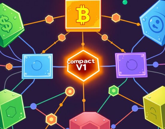 Cartoon showing Uniswap Compact V1 securely connecting diverse blockchains, improving cross-chain efficiency and reducing fragmentation.
