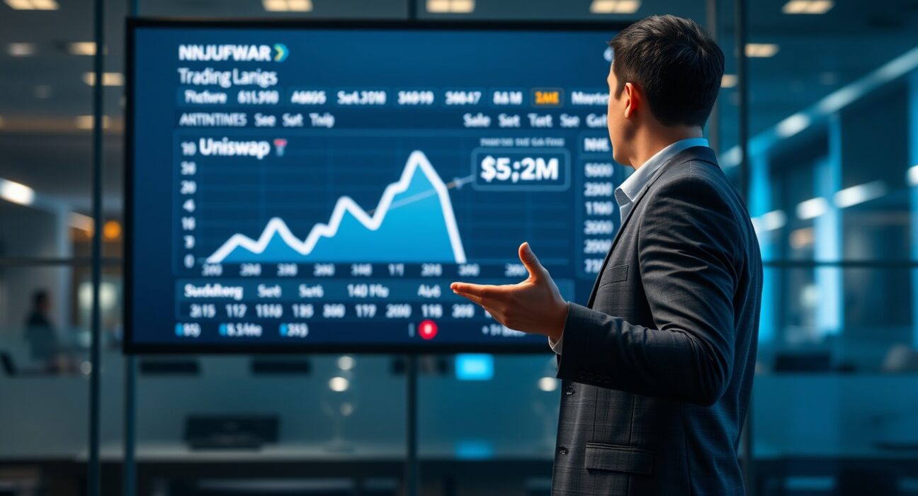 Analyst pointing to Uniswap trading dashboard showing $5.2 million in daily fees on a screen in a newsroom