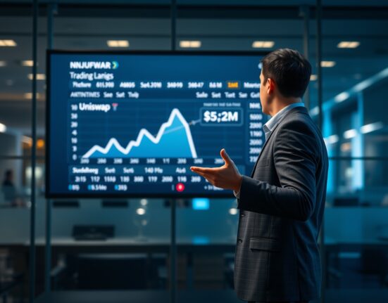 Analyst pointing to Uniswap trading dashboard showing $5.2 million in daily fees on a screen in a newsroom