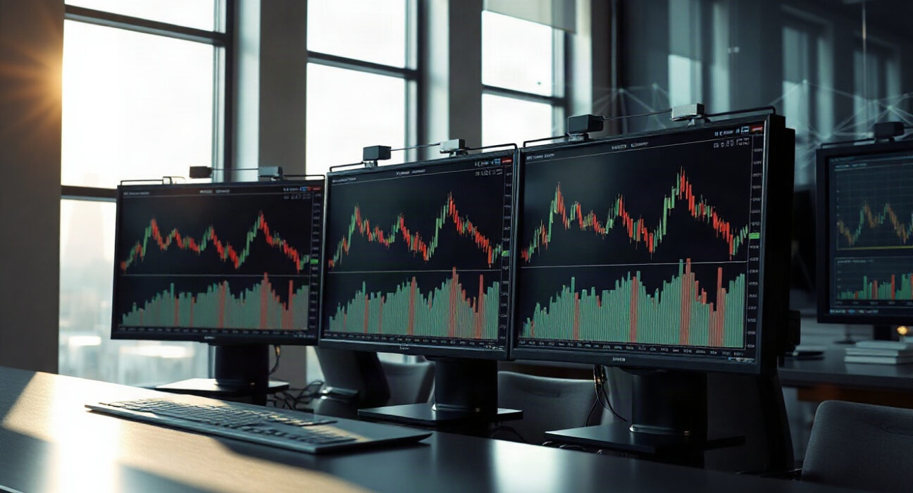 Trading monitors displaying charts on a modern financial floor, representing Uniswap's expansion to Circle's Arc L1 blockchain.
