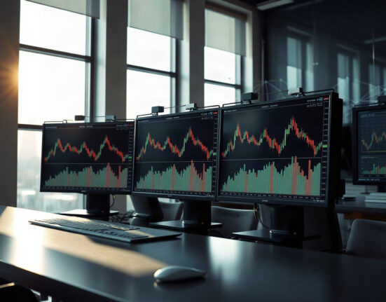 Trading monitors displaying charts on a modern financial floor, representing Uniswap's expansion to Circle's Arc L1 blockchain.
