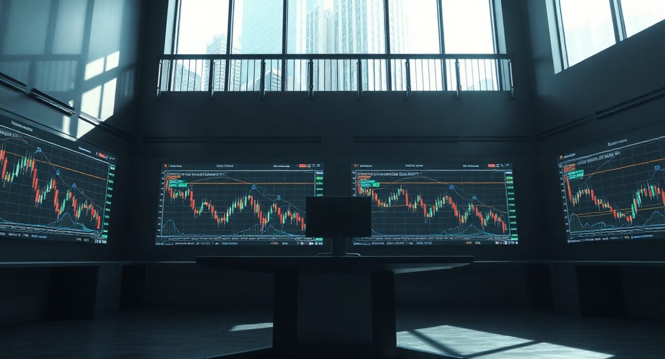 Trading terminal with digital asset charts and blockchain network overlay in a modern financial setting