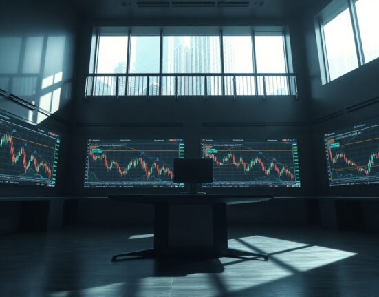 Trading terminal with digital asset charts and blockchain network overlay in a modern financial setting