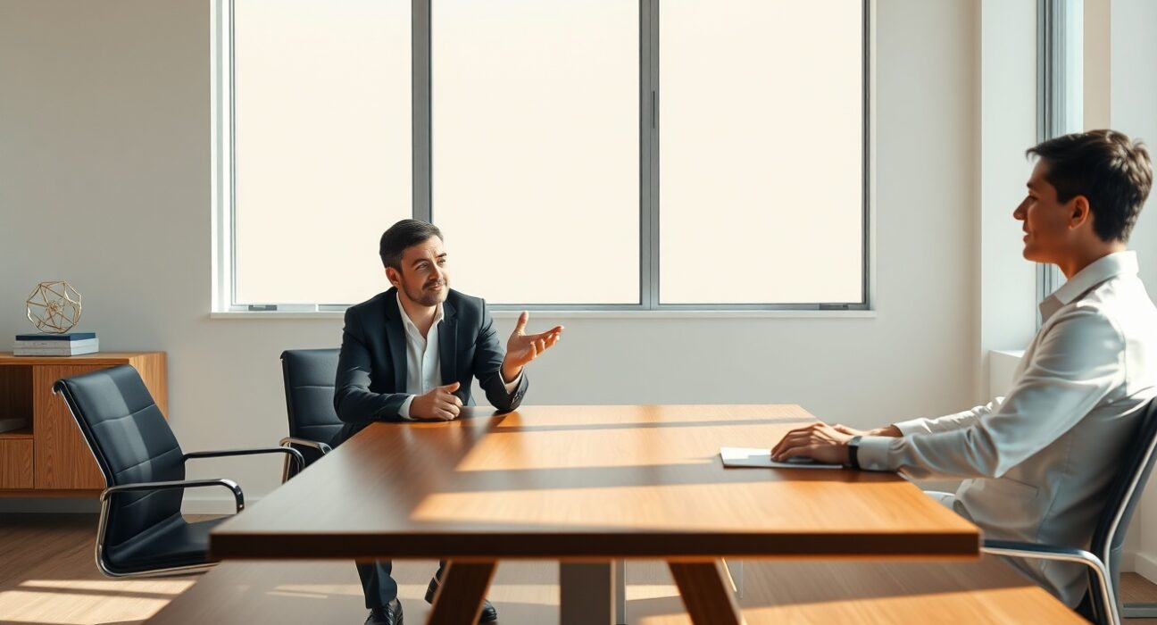 Two professionals in a meeting room, representing a founder and a foundation director, discussing a project.