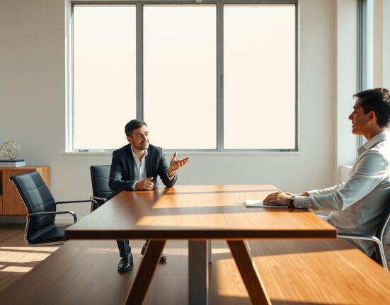 Two professionals in a meeting room, representing a founder and a foundation director, discussing a project.