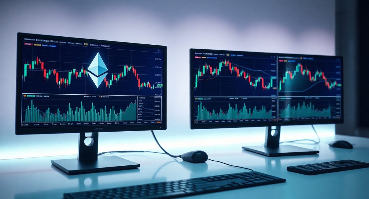 Modern trading desk with monitors displaying Ethereum and Uniswap charts, representing decentralized finance and asset tokenization