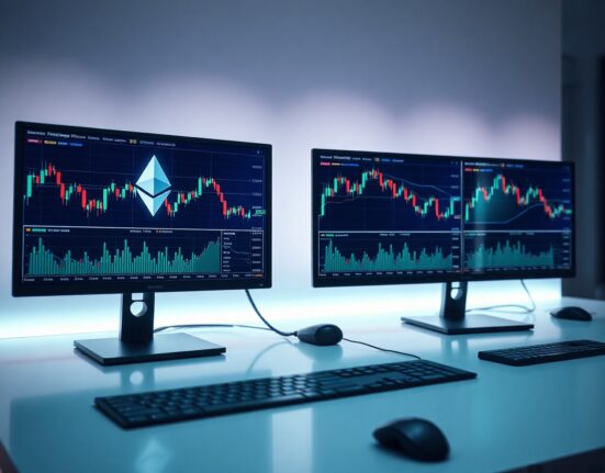 Modern trading desk with monitors displaying Ethereum and Uniswap charts, representing decentralized finance and asset tokenization