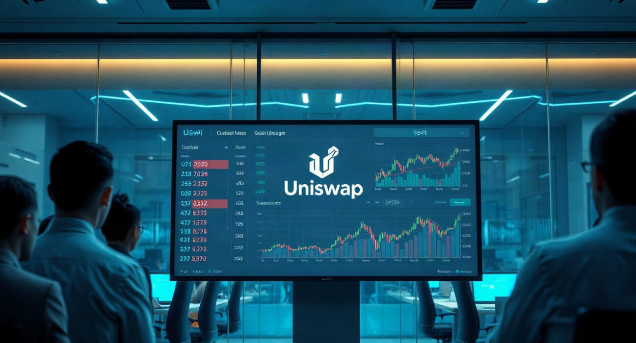 Digital trading screen showing DeFi dashboard with Uniswap branding and market charts.