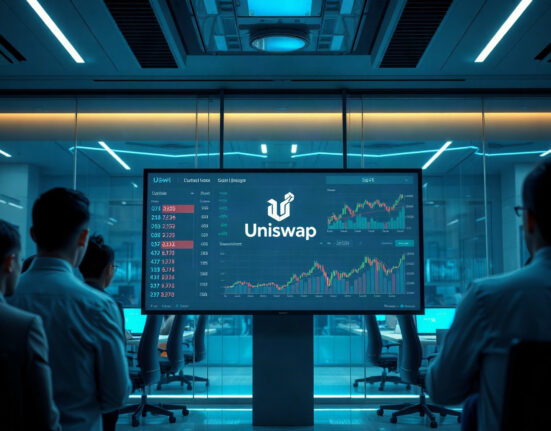 Digital trading screen showing DeFi dashboard with Uniswap branding and market charts.