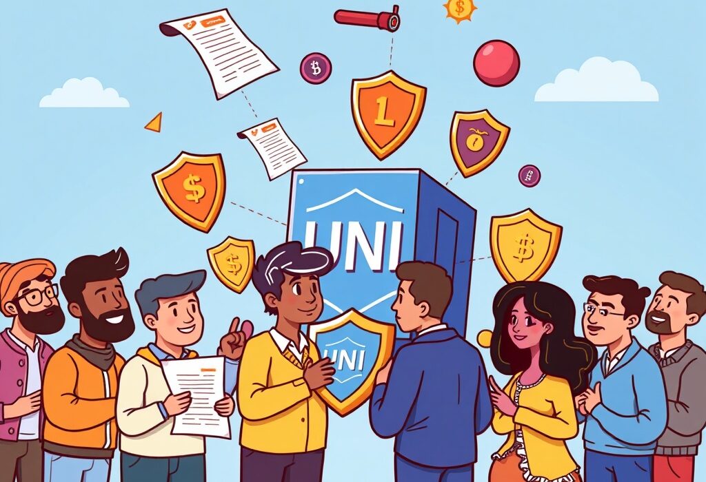 Cartoon illustration showing a secure future for Uniswap governance with a new legal entity protecting decentralized finance.