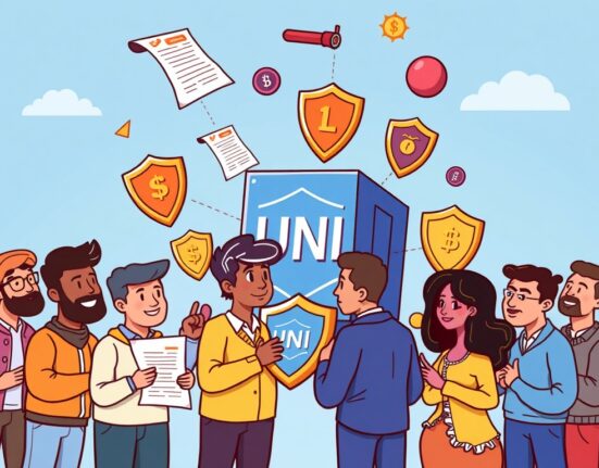 Cartoon illustration showing a secure future for Uniswap governance with a new legal entity protecting decentralized finance.