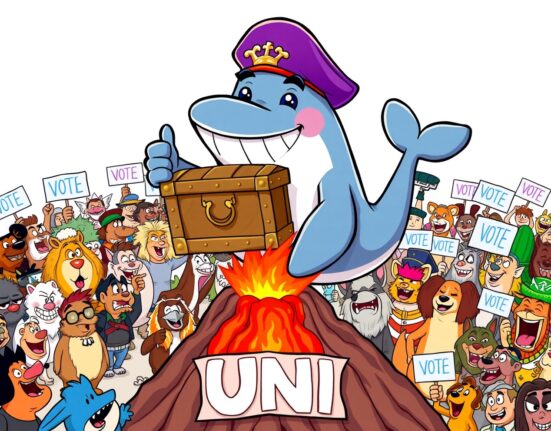 A celebratory cartoon whale approves the historic Uniswap governance proposal to burn tokens.
