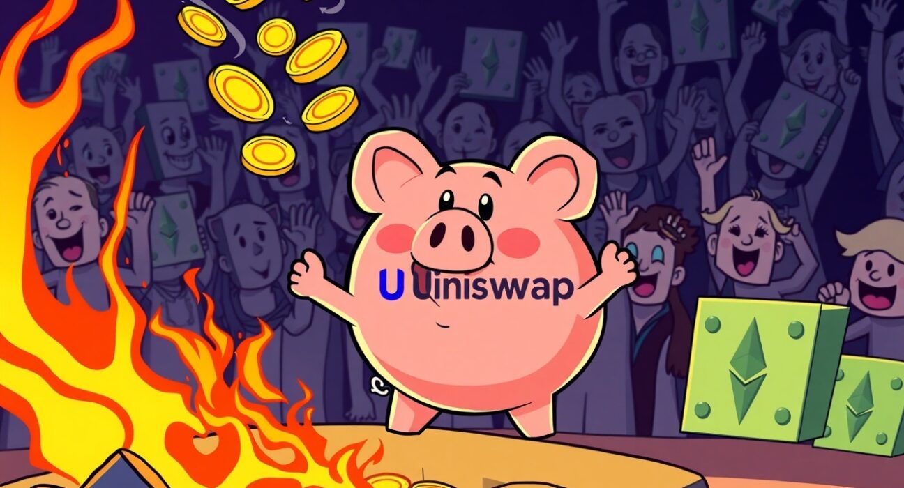 A vibrant cartoon of the Uniswap governance proposal in action, symbolizing token burning and community approval.