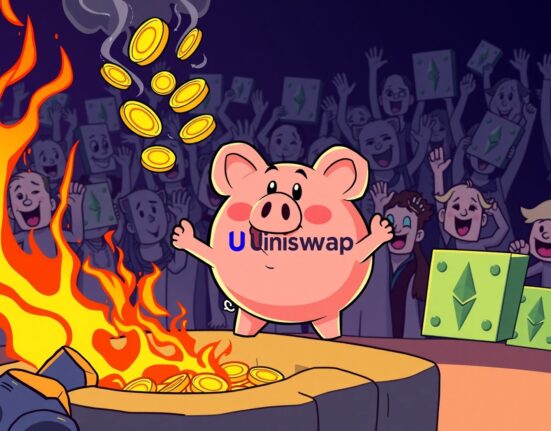A vibrant cartoon of the Uniswap governance proposal in action, symbolizing token burning and community approval.
