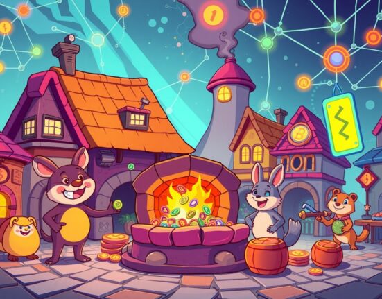 Cartoon illustration of a community voting to burn Uniswap governance tokens in a vibrant digital town square.