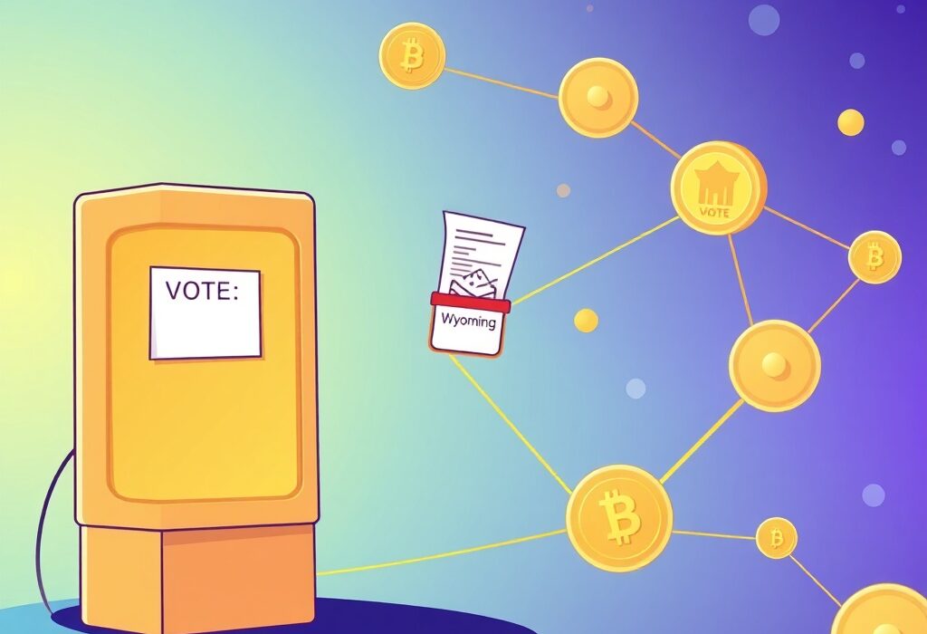 A cartoon illustration showing the Uniswap governance process establishing a new legal entity in Wyoming for streamlined operations.
