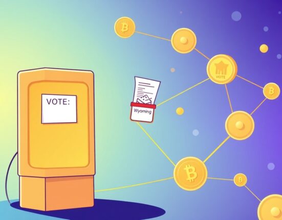 A cartoon illustration showing the Uniswap governance process establishing a new legal entity in Wyoming for streamlined operations.