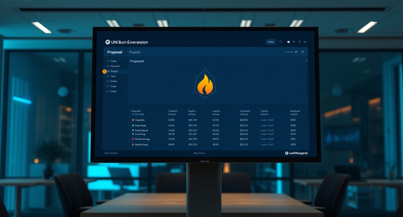 Uniswap governance proposal dashboard showing UNI burn expansion and V4 protocol fee vote