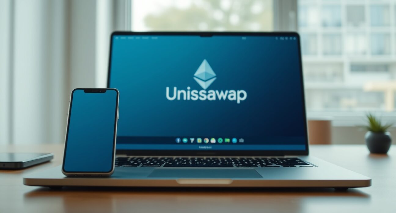 Uniswap Earn feature displayed on a laptop and smartphone in a bright workspace, representing onchain deposits in USDC, USDT, and ETH.