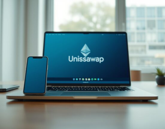Uniswap Earn feature displayed on a laptop and smartphone in a bright workspace, representing onchain deposits in USDC, USDT, and ETH.