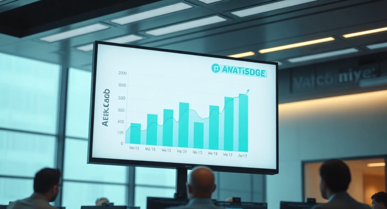 Digital trading dashboard with rising chart and blockchain motifs in a modern office
