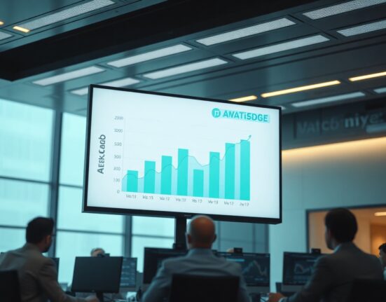 Digital trading dashboard with rising chart and blockchain motifs in a modern office
