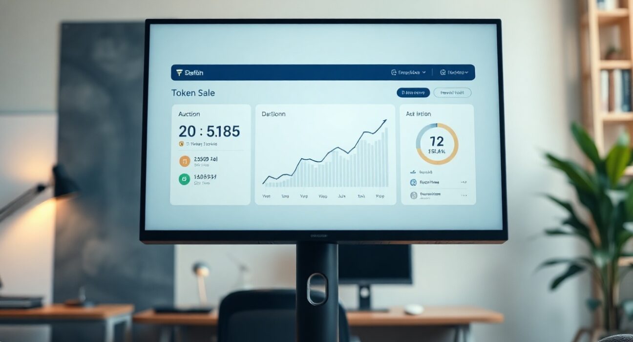 Uniswap token auction interface on a monitor in a modern office setting