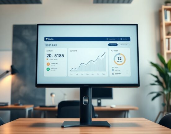 Uniswap token auction interface on a monitor in a modern office setting