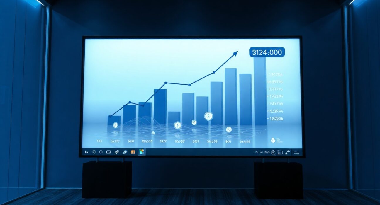 Digital interface of a token issuance platform with graphs and trading symbols in a modern office