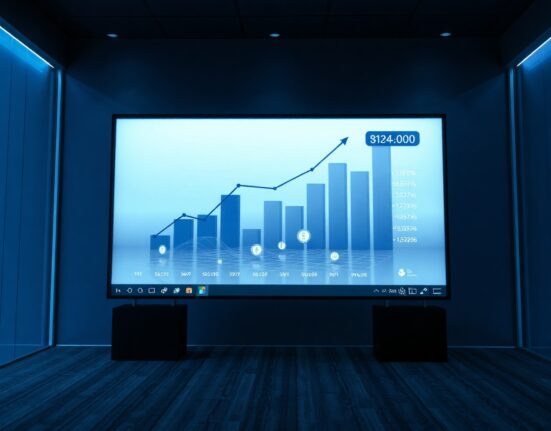 Digital interface of a token issuance platform with graphs and trading symbols in a modern office
