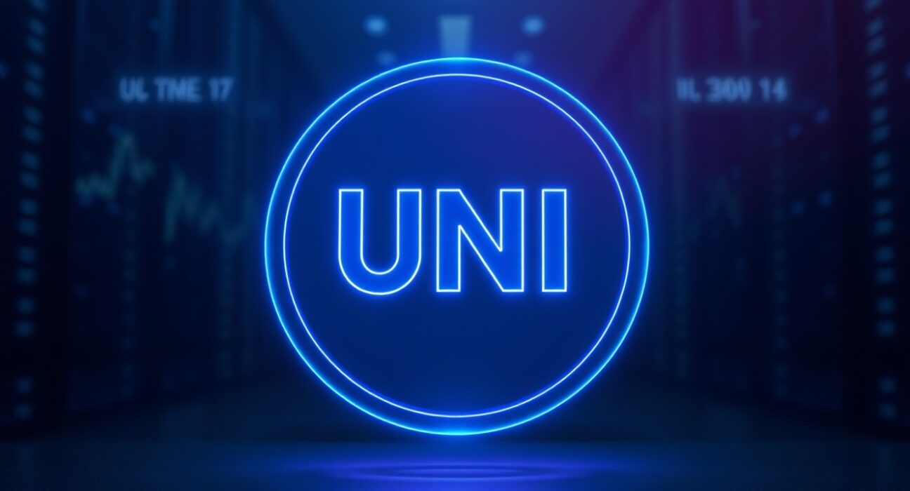Close-up of a glowing Uniswap UNI token icon on a dark digital trading background