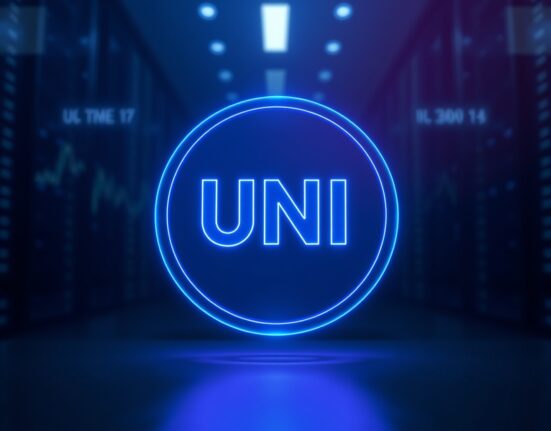 Close-up of a glowing Uniswap UNI token icon on a dark digital trading background