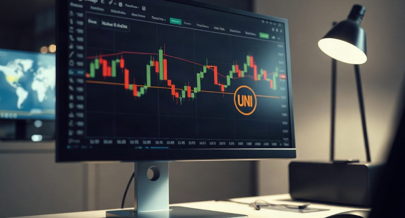 Uniswap trading interface with UNI price charts on a monitor in a trading office
