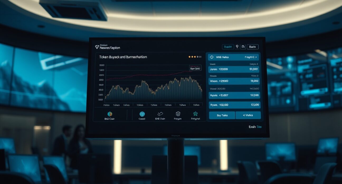 Digital display showing a cryptocurrency buyback and burn mechanism with blockchain network icons in a newsroom setting.