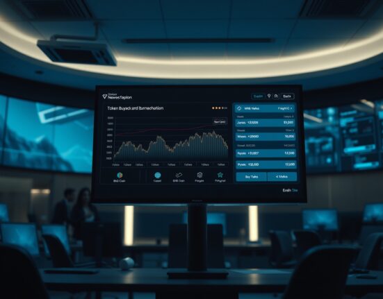 Digital display showing a cryptocurrency buyback and burn mechanism with blockchain network icons in a newsroom setting.