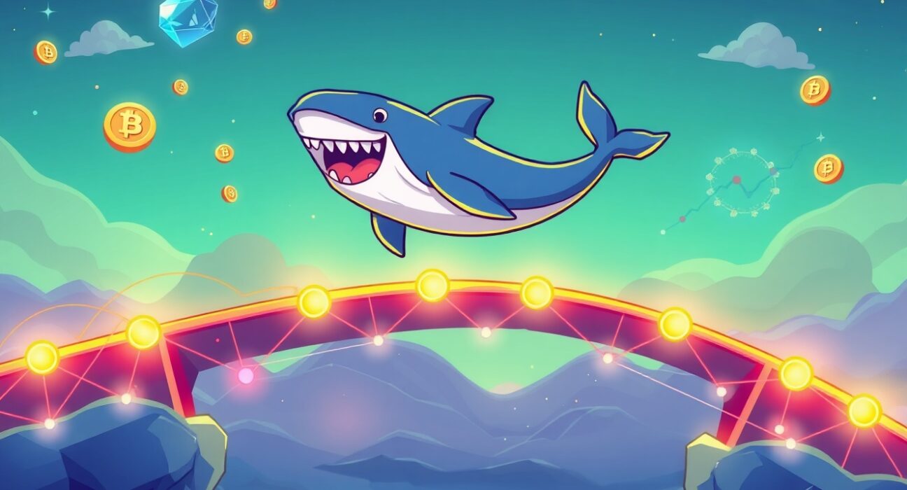 Uniswap trading volume record shown through joyful whale leaping over blockchain network