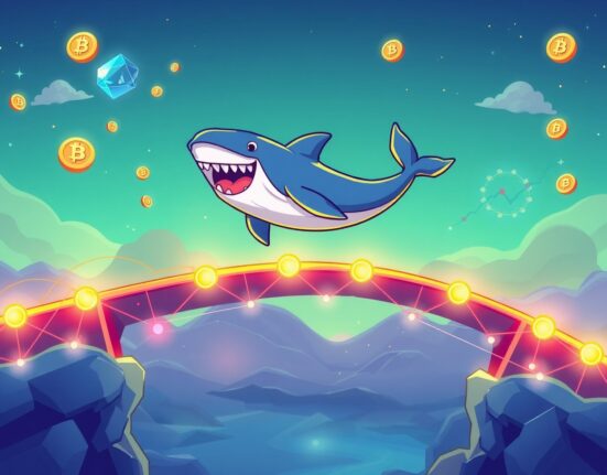 Uniswap trading volume record shown through joyful whale leaping over blockchain network