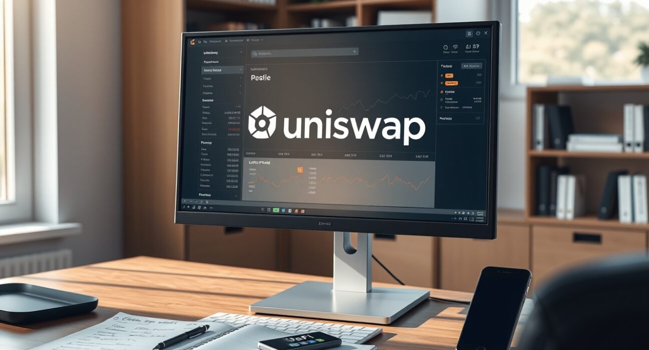 Professional analysis of Uniswap (UNI) price potential and DeFi market trends on a financial workstation.