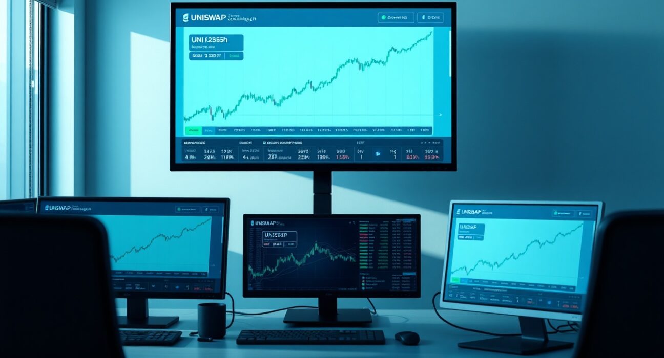 Financial trading desk with monitors showing Uniswap charts and UNI price analysis