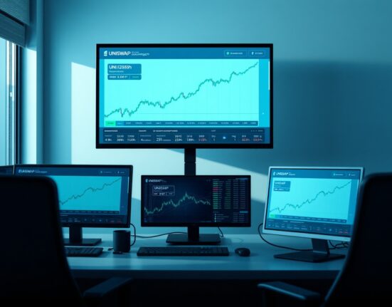 Financial trading desk with monitors showing Uniswap charts and UNI price analysis