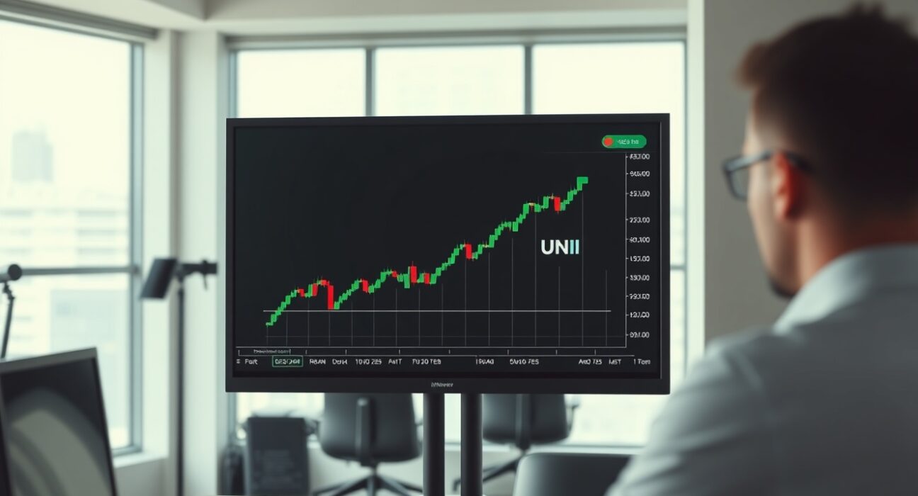 Uniswap UNI price chart displayed on a screen in a financial analysis studio
