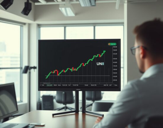 Uniswap UNI price chart displayed on a screen in a financial analysis studio