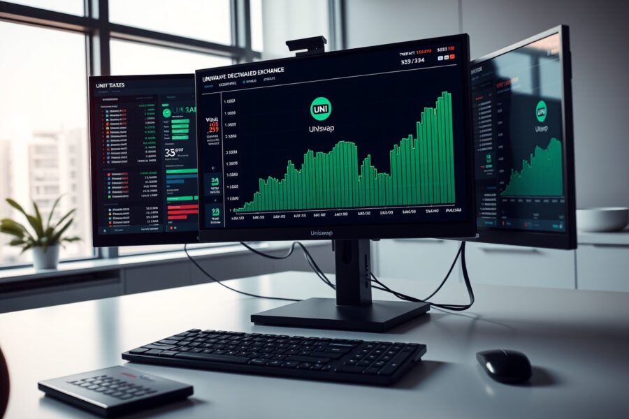 Uniswap UNI token price chart on trading monitors in a professional office setting