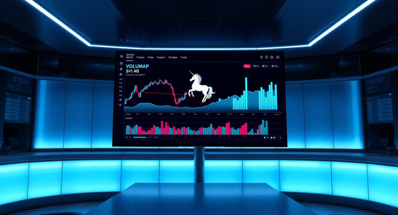 Uniswap v4 trading dashboard with rising volume charts in a modern trading room