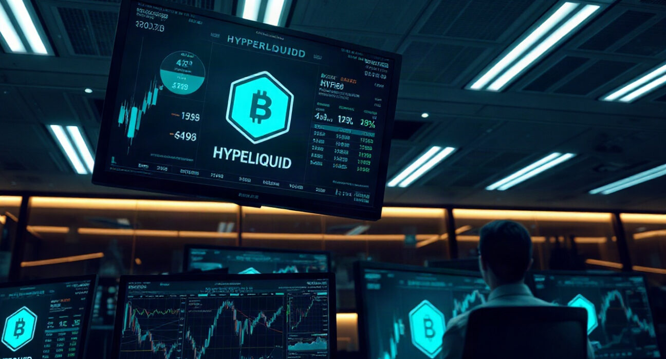 Trading monitors displaying HYPE token charts on a professional trading desk