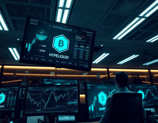 Trading monitors displaying HYPE token charts on a professional trading desk