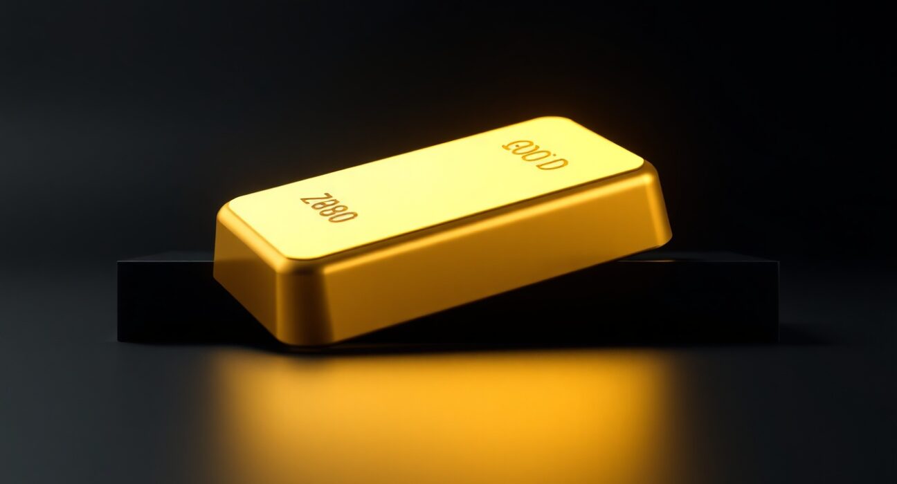 Gold bar with digital glow representing XGOLD token backed by Tether Gold
