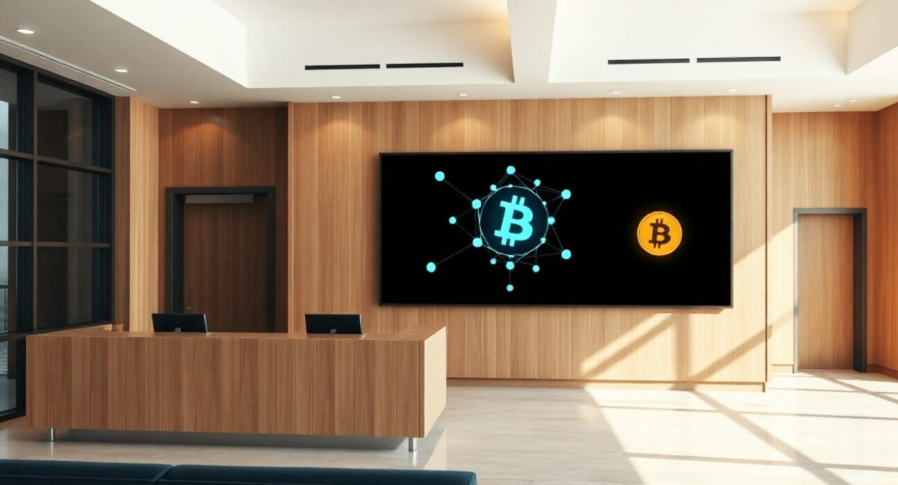 Modern bank lobby with digital blockchain and cryptocurrency overlay representing crypto banking services.